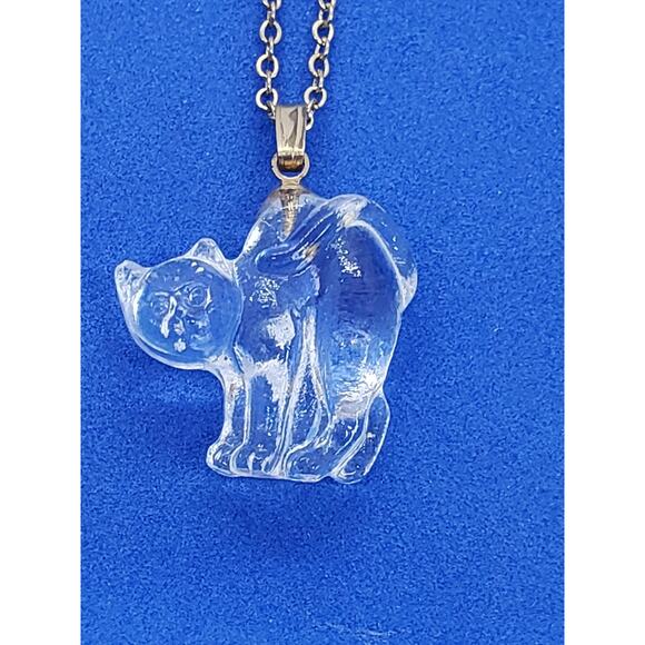 Carved Clear Cat Pendant Necklace Cat Lady Cat Lover Glass Crystal Kitty Charm - Picture 2 of 10